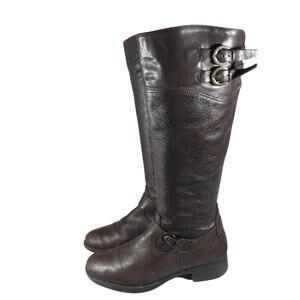 ALDO! ESPRESSO BROWN PEBBLED LEATHER DUAL BUCKLE DETAIL LOW HEEL BOOTS! SZ 8.5M